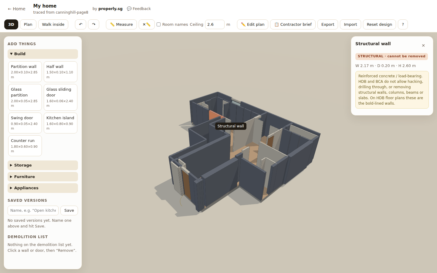 3D home with a wall selected and its HDB rule shown