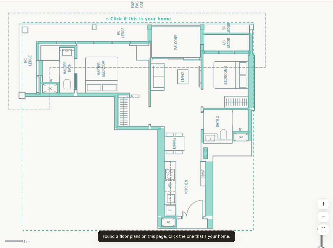 Auto-detected walls highlighted on a brochure floor plan