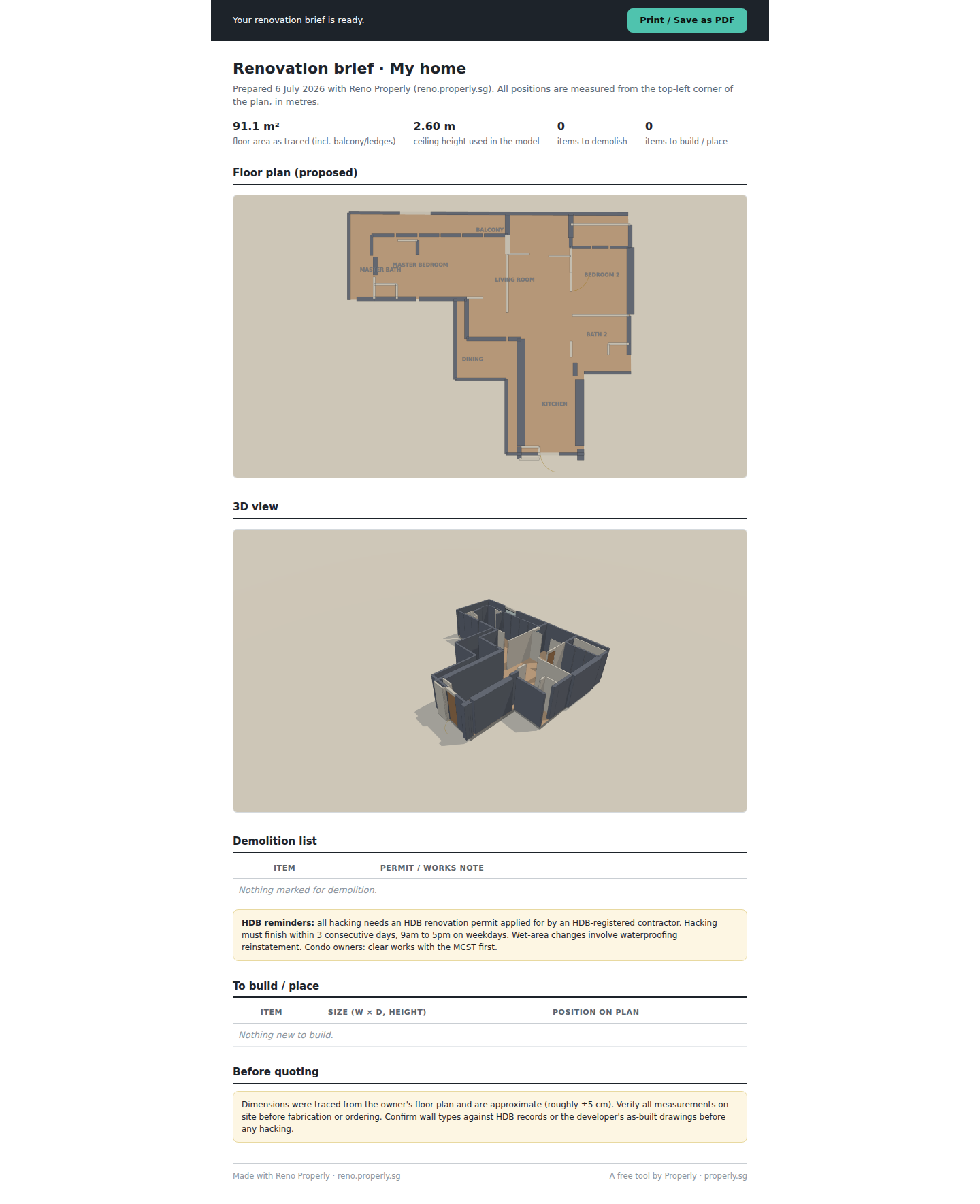 Print-ready renovation brief with demolition and build tables